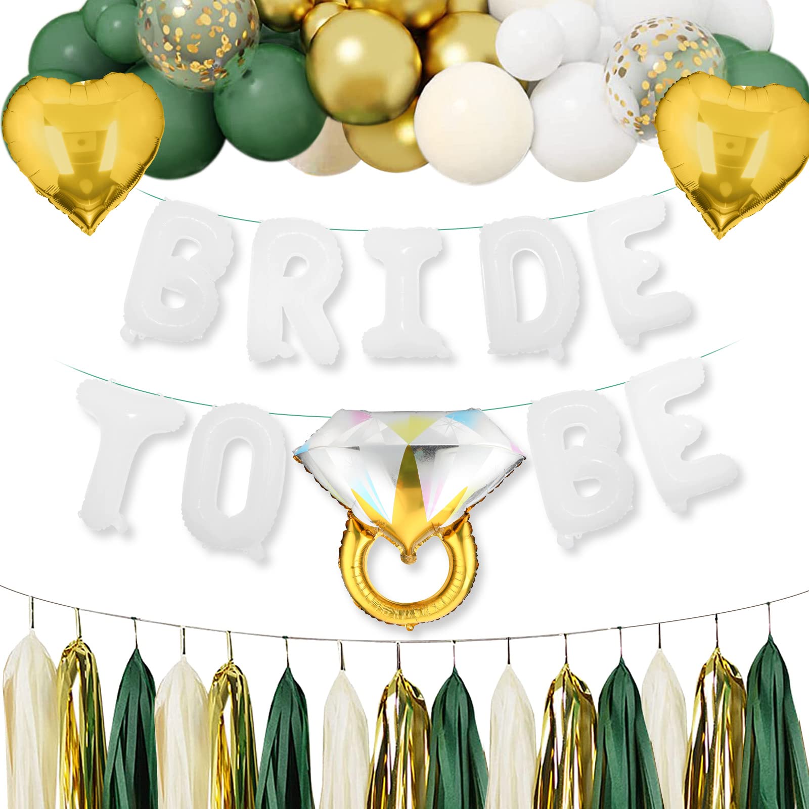 BLOOMIWIN Hen Party Decorations Green Gold and White - Green Bride To Be Balloons Kit Hen Do Accessories Sage Green and Gold Bridal Shower Bachelorette Party Decorations Balloons with Tassels Garland