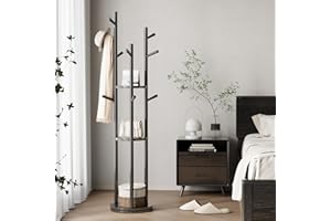 KungFuWood Coat Rack, Solid Wood Rotary Coat Rack Stand, Freestanding Coat Rack with 3 Shelves and 9 Hooks, Sturdy and Easy to Assemble Coat Tree for Entryway, Bedroom, Coats, Bags (Black)
