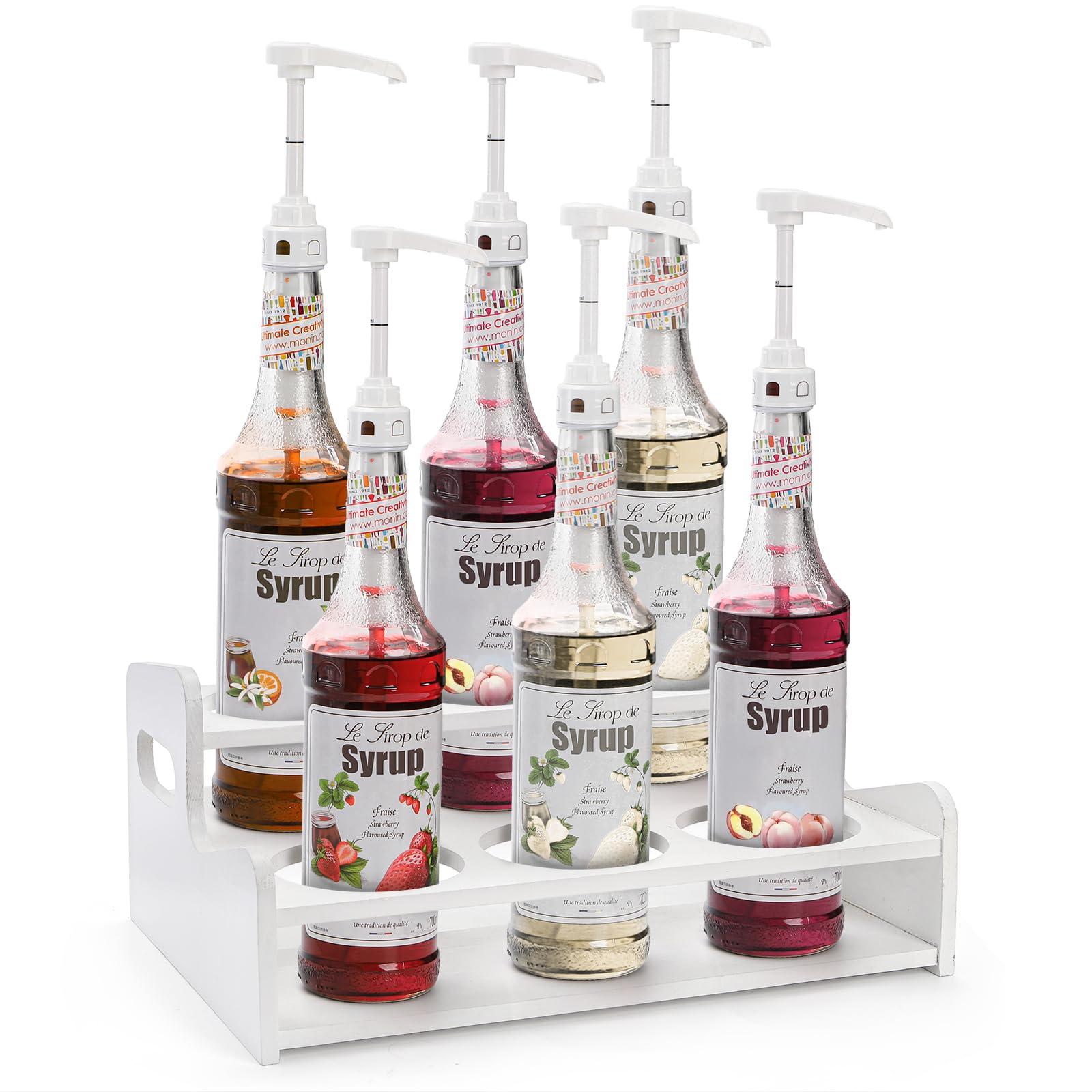 Photo 1 of *HAS A CRACK* Hacaroa 2 Tier Coffee Syrup Rack with Handle, 6 Bottles Wood Syrup Bottle Holder Organizer, Wine Display Riser Syrup Stand Storage Shelf for Dressing, Coffee Bar, Kitchen Countertop, White