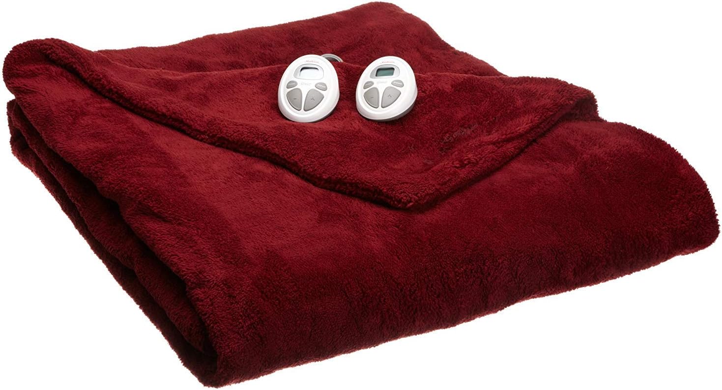 Sunbeam Luxurious Premium Plush King Electric Heated Blanket, Auto Shut-Off, 20 Heat Settings,Two Controllers, King (Red)
