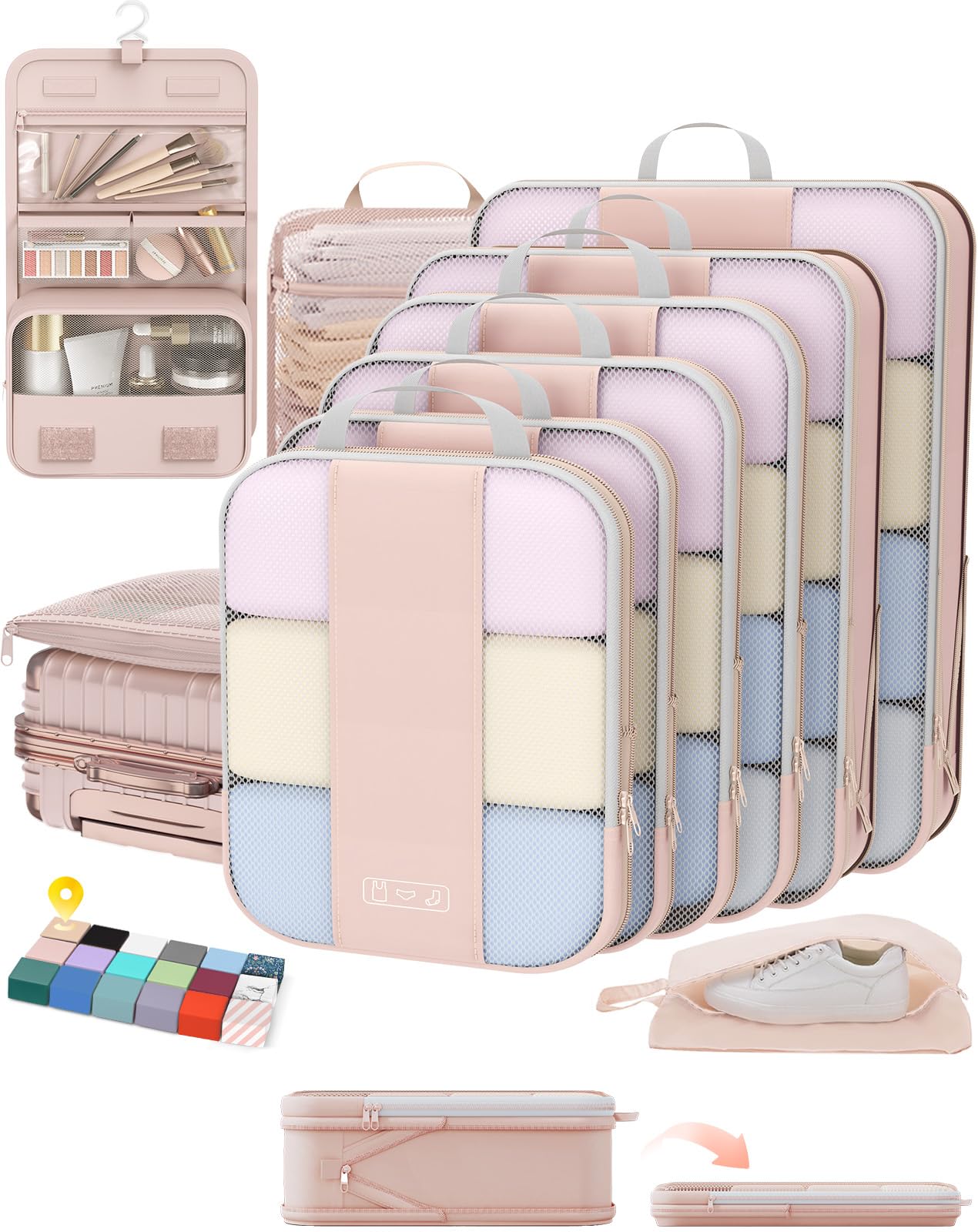 Photo 1 of 10 Set Compression Packing Cubes for Travel Gifts Women Mom,OlarHike Luggage Clothes Organizer for Travelers,Airplane/Cruise/Car/Train Travel Essentials,Compressible Expandable Saver Space Bags(Beige)
