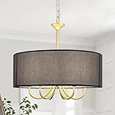 BYKWRTV 6-Light Gold Drum Chandelier, 18'' Farmhouse Dining Room Light Fixture Black Linen Drum Chandelier, Brass Round Chand