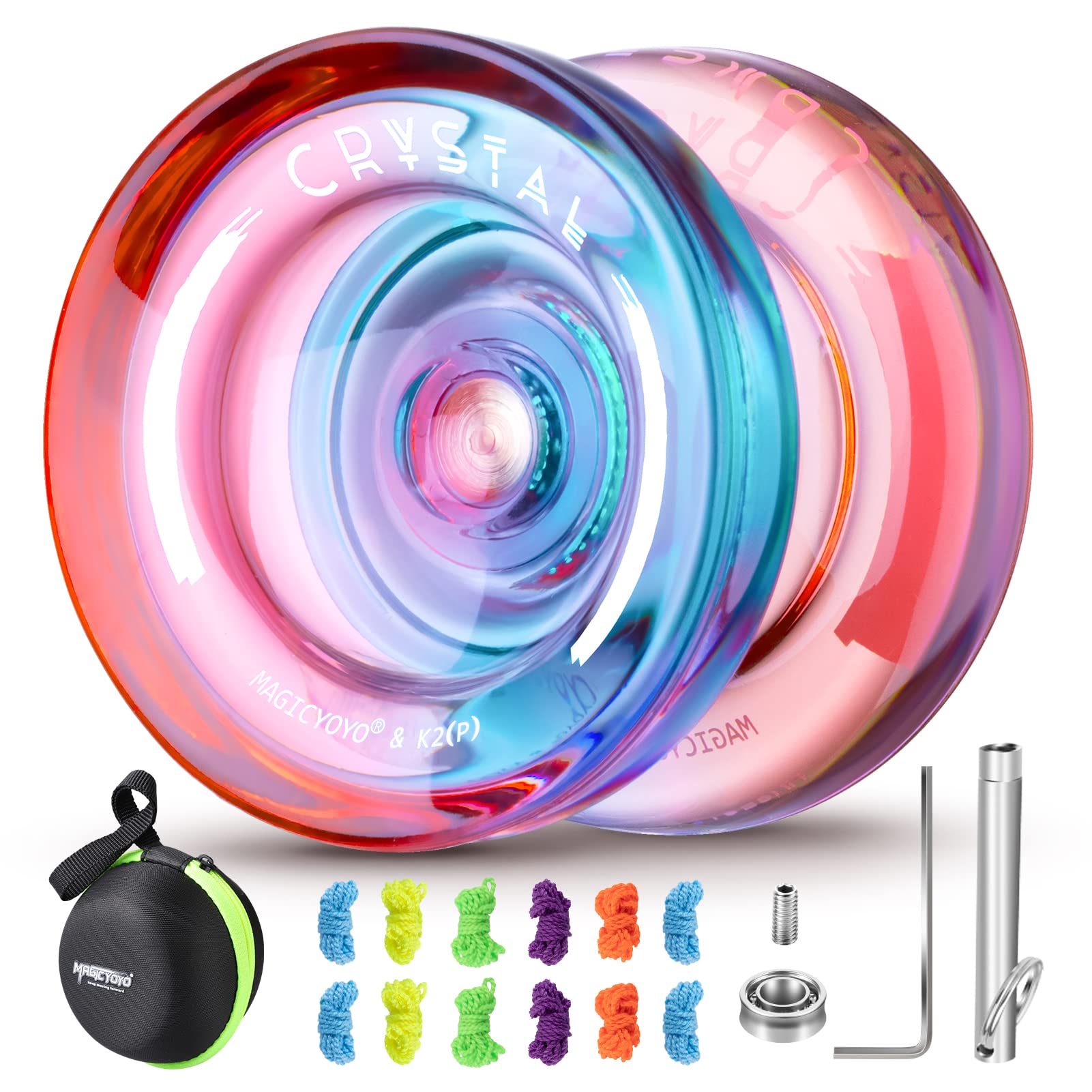 ShungRu K2 Crystal Yoyo Professional Responsive Yoyo for Beginner, Dual Purpose Plastic Yo-Yo, Unresponsive Trick Yoyo with 12 Yoyo Strings, Yoyo Case Bag + Removal Bearing Tool (Red + Blue Gradient)