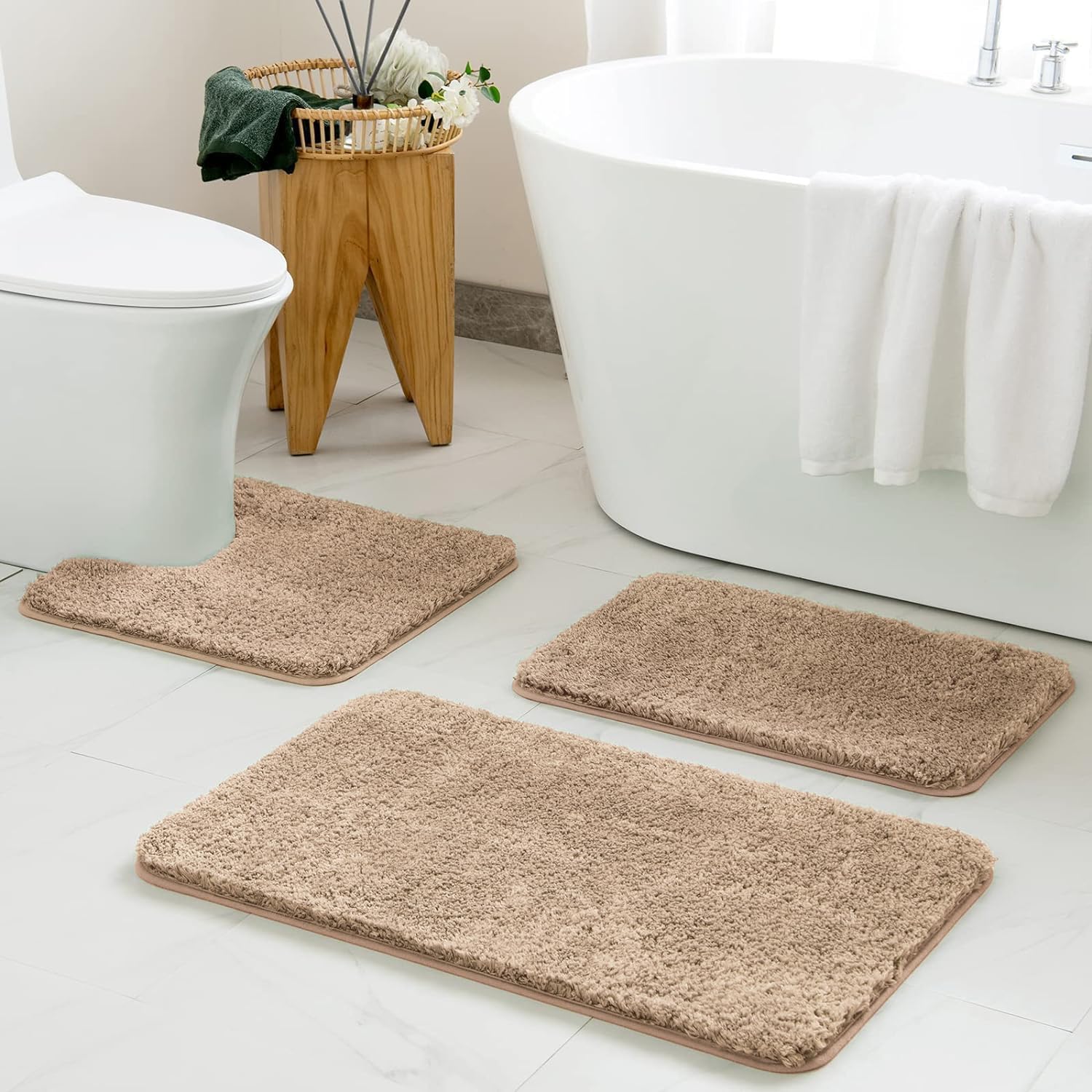 Photo 1 of MIULEE Bathroom Rugs Sets 3 Piece Including U Shaped Toilet Rug - Soft Absorbent Bath Mats Set with Non Slip Rubber Backside, Machine Washable - Tan, 20"x30"+16"x24"+U 20"x20"