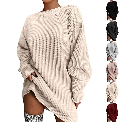 Jumper Dress for Women UK Oversized Turtleneck Sweater Ribbed Chunky Knit Jumper Dress Ladies Bodycon Knitwear Mini Casual Dresses Long Sleeve Sweatshirt Autumn Winter Plain Elegant Tunic Tops
