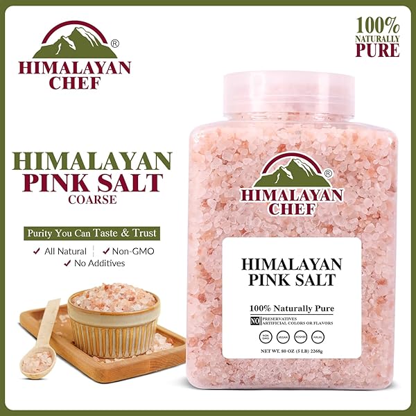 HIMALAYAN CHEF PINK HIMALAYAN SALT COARSE GRAIN, 5 LBS PLASTIC JAR – PURE, NATURAL, KOSHER, MINERAL-RICH, IDEAL FOR GRINDER REFILLS, COOKING, SEASONING