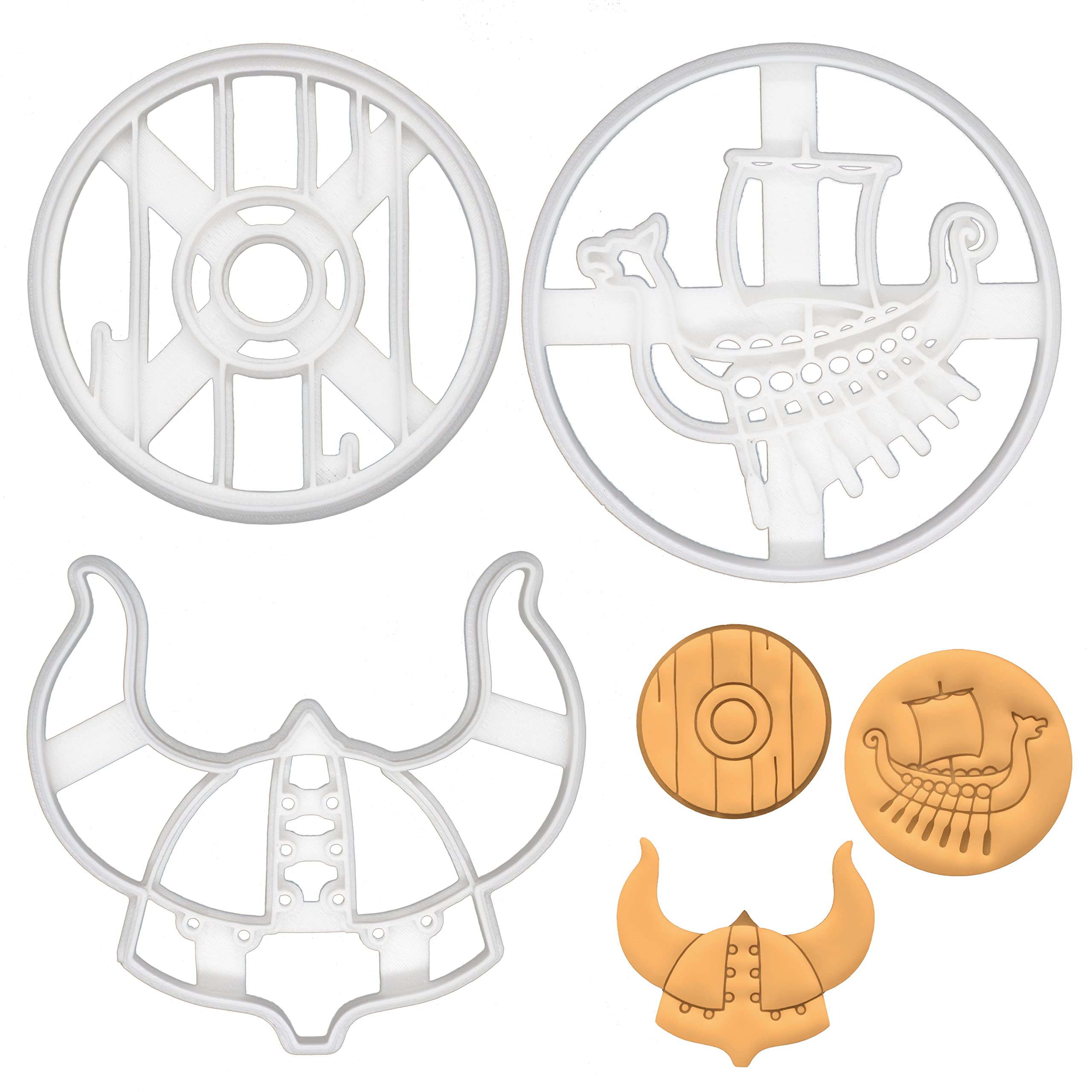 BAKERLOGY Set of 3 Viking Helmet, Shield, and Ship Cookie Cutters - Detailed Biscuit Cutter Design for Baking and Crafts, Ideal on Fondant, Dough, Clay