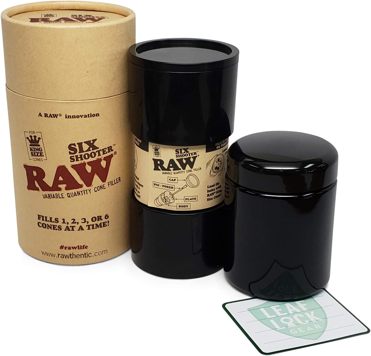 RAW Six Shooter Cone Filler with Leaf Lock Gear UV Glass Stash Jar