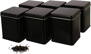 | 6 x klassische eckige Vorratsdose/Teedose, STAPELBAR, inkl. 6 Etiketten, aromadicht aus Metall für je 140g Earl Grey, | 9.8 x 7.6 x 7.6 cm (H,B,T) | auch ideal als Kaffee-, Reis- oder Gewürzdose