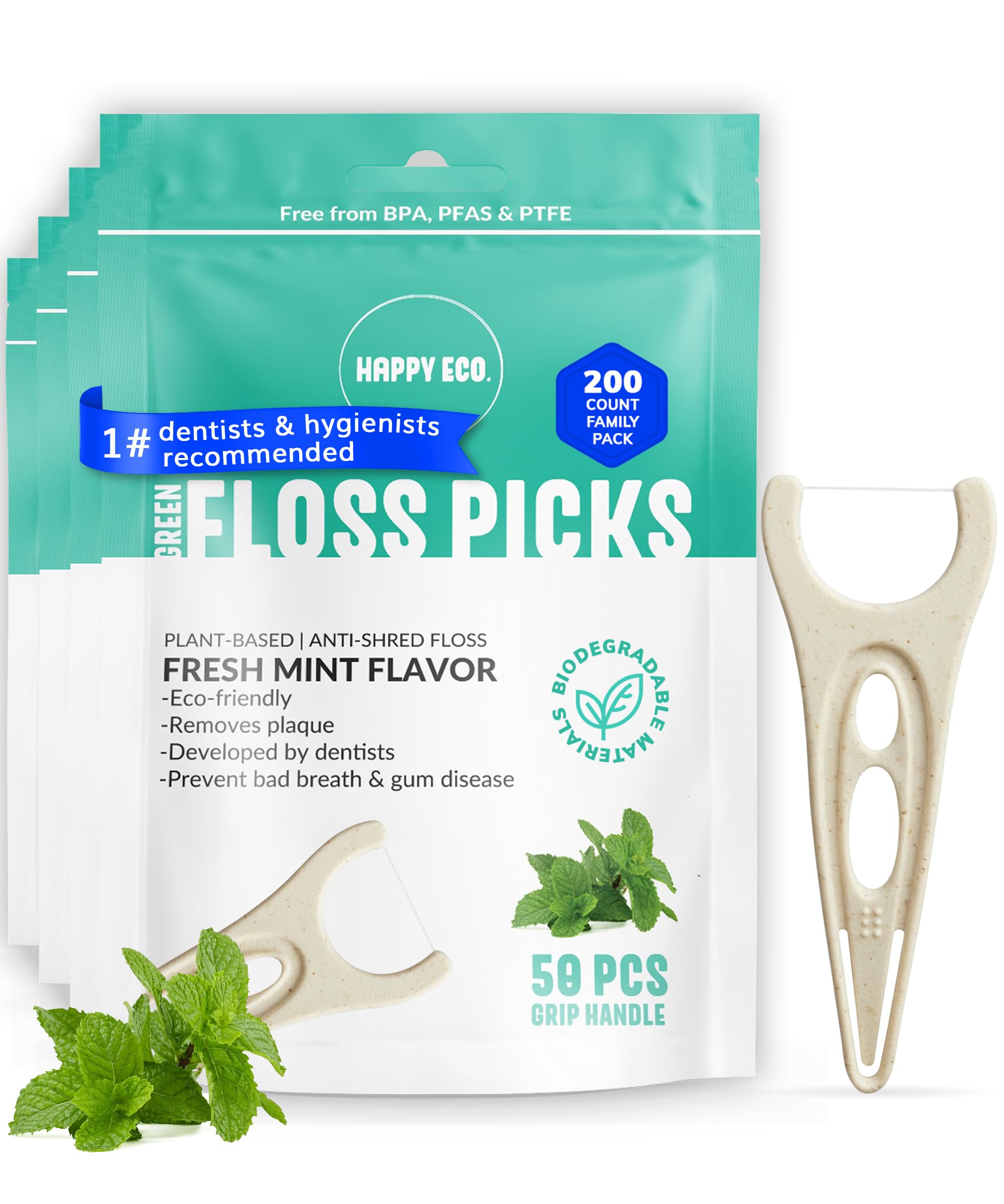 Photo 1 of Biodegradable Floss Picks (200pcs) - Natural Dental Floss - Nontoxic Plant Based Floss Sticks for Adults & Kids - Vegan Tooth Pick Flossers - Single Thread Mint