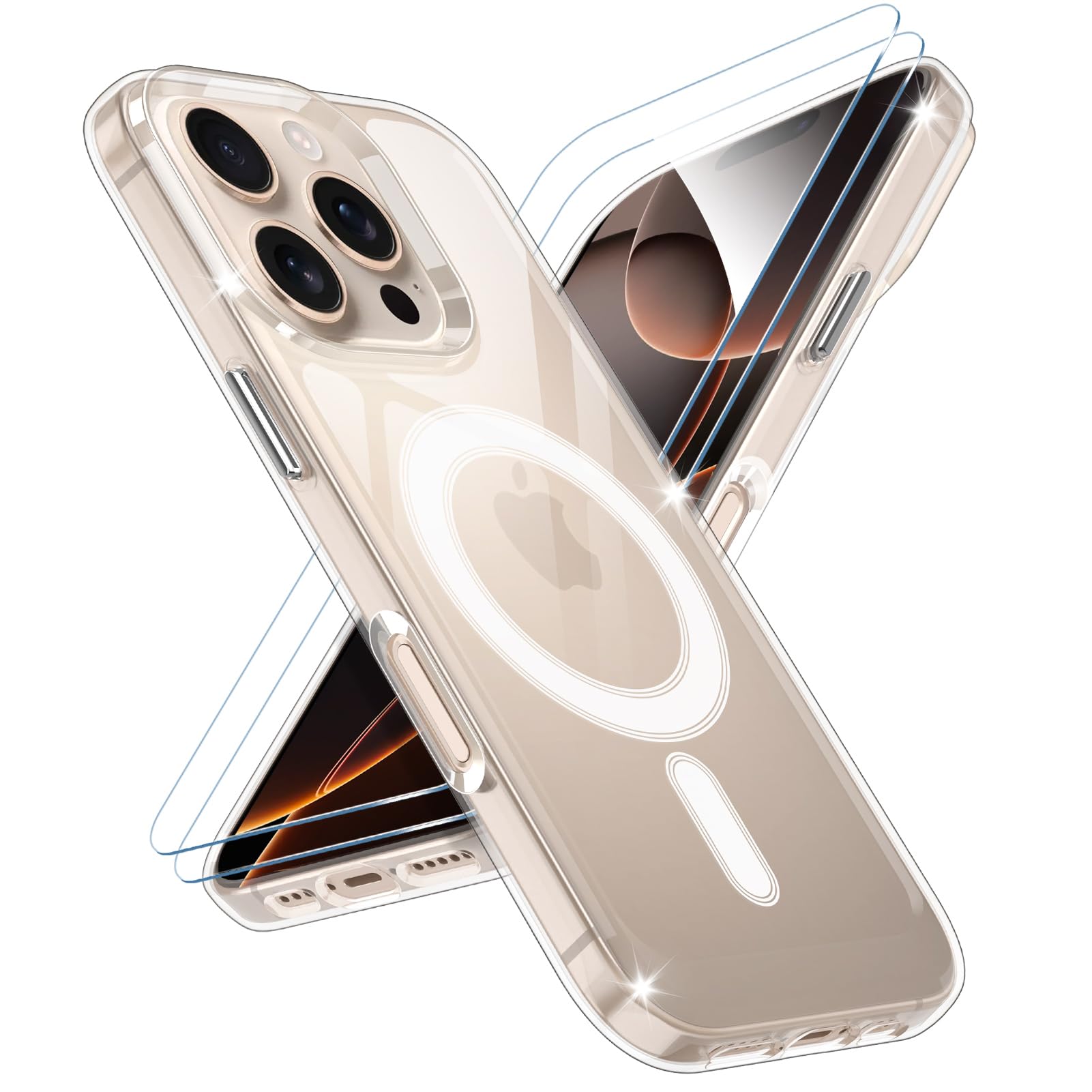 SineOrdo for iPhone 16 Pro Case Compatible with MagSafe, 2pcs Screen Protector Tempered Glass for iPhone 16 Pro, Military-Grade Protection Scratch-Resistant Magnetic Phone Case - Clear
