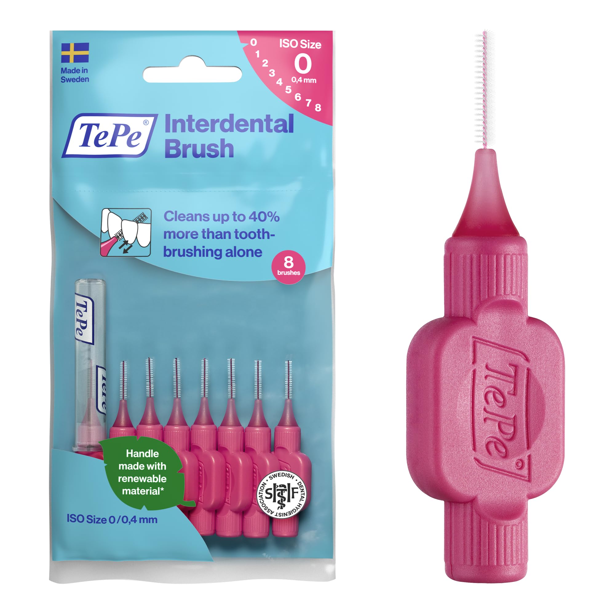TePe Interdental Brush, Original, Pink, 0.4mm/ISO 0, 8pcs, Plaque Removal, efficient Clean Between Teeth, Tooth Floss, for Narrow Gaps — image 1