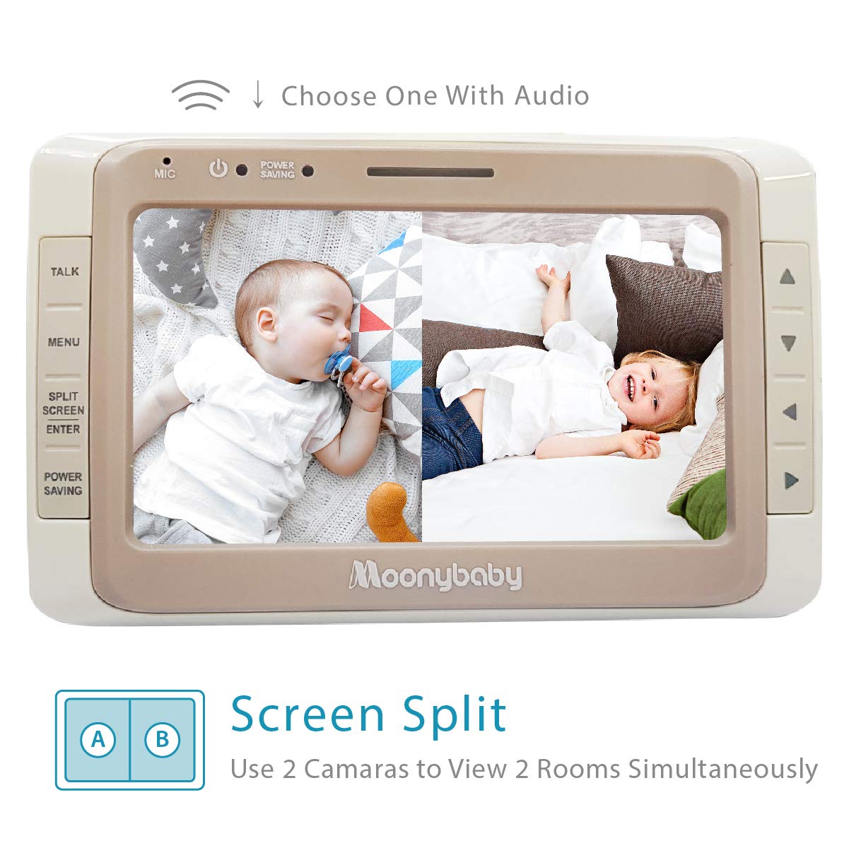 Moonybaby Split 50 Baby Monitor with 2 Cameras and Audio, Large Display with Wide View, Screen Split, Auto Night Vision and Zoom, Sound Activated, Temperature Alert, 2-Way Talk, Range up to 1000ft : Baby