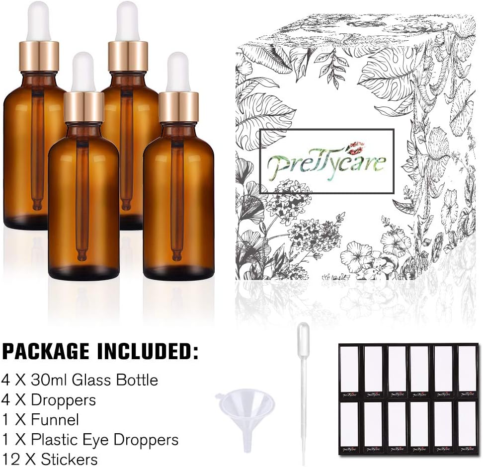 PrettyCare Eye Dropper Bottle 1 oz ( 4 Pack Amber Glass Bottles 30ml with Golden Caps, 1 Extra Plastic Measured Pipettes, 12 Labels, Funnel ) Empty Tincture Bottles for Essential Oils, Perfume: Home & Kitchen