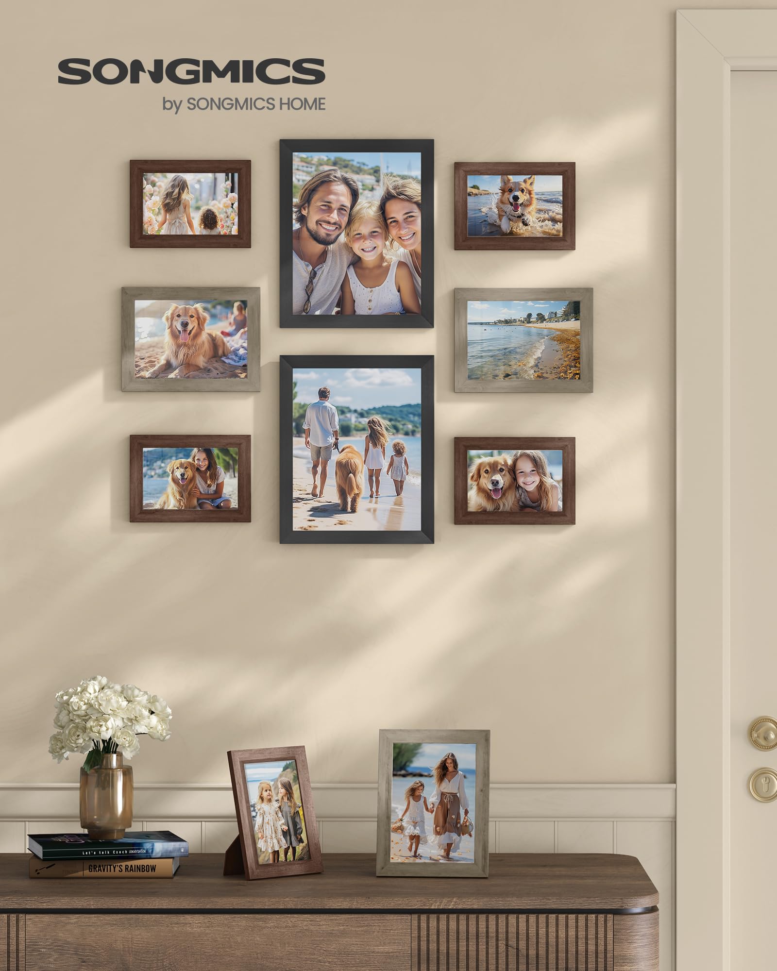 SONGMICS Picture Frames, Collage Picture Frames Set of 10, Two 8x10, Four 5x7, Four 4x6, Photo Frame for Wall Gallery Decor, Table Display, Glass, Maroon Brown, Heather Greige, Ash Black