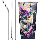 Yrebyou Butterfly Tumbler 20oz with Lid and Straw Stainless Steel Insulated Coffee Mug Leak-Proof Travel Cup for Water Iced Tea or Coffee