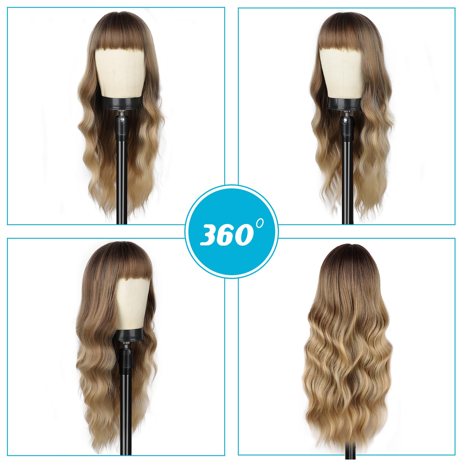 POPTAIYU Dirty Blonde Wig with Bangs Long Blonde Wavy Wigs for Women Synthetic Curly Wavy Wigs with Dark Root Heat Resistant Wig for Daily Party Use 26 Inches (Dirty Blonde)