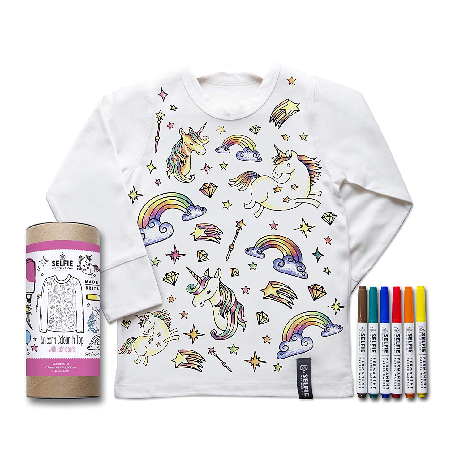 Selfie Clothing Co. White Coloring Shirt - Complete Gift Set with Fabric Markers - Model: Unicorn (Size 4-6 Years), white, One Size