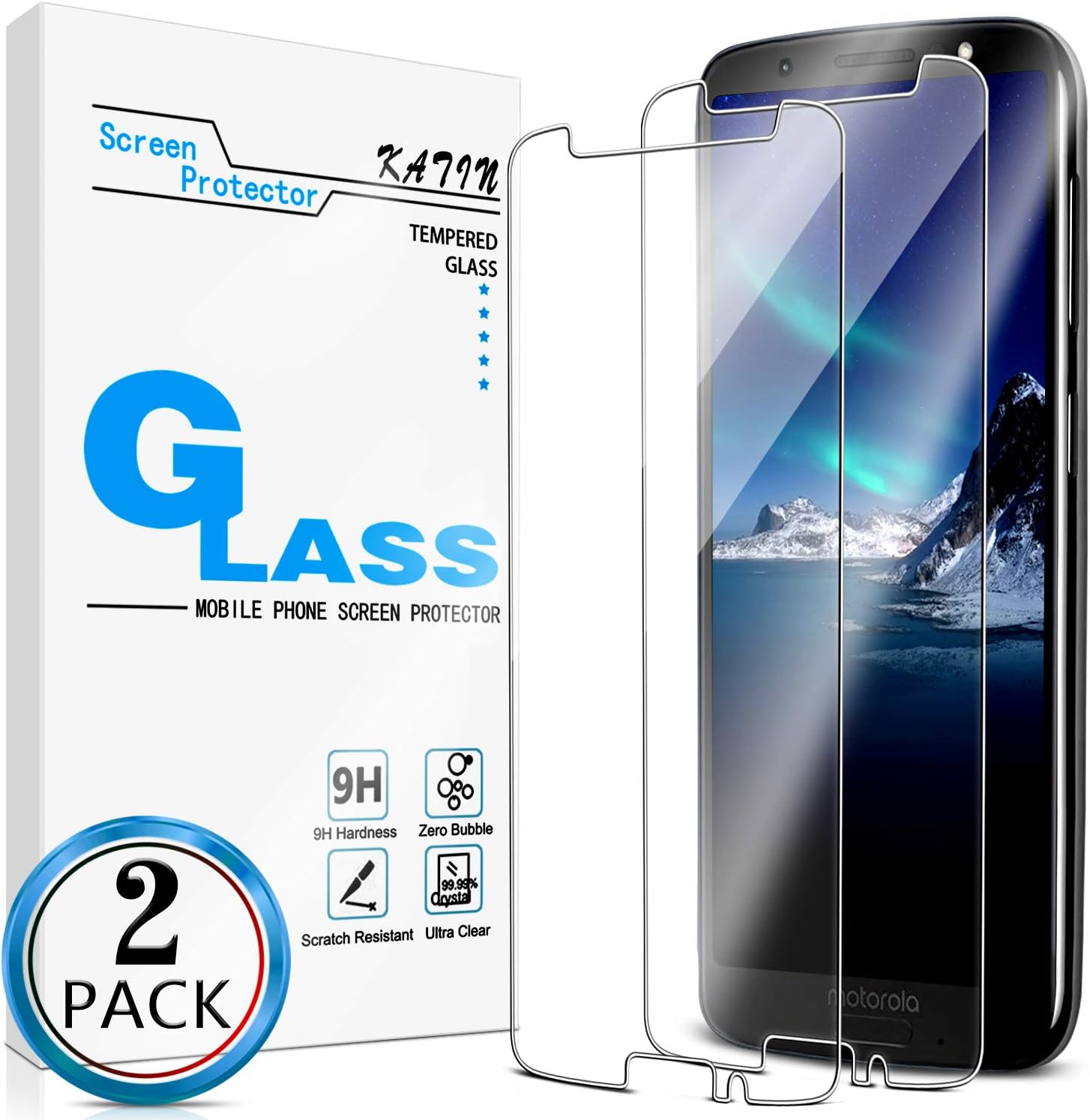 KATIN [2-Pack] Screen Protector for Moto G6 (5.7-inch) Tempered Glass, Anti Scratch, Bubble Free, 9H Hardness, Case Friendly