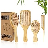 DEBETOOL Bamboo Hair Brush and Comb Set for Women Men and Kids,Natural Bamboo wood Wide-tooth brush and tail comb - Paddle Detangling Brush for Wet Dry Curly Hair