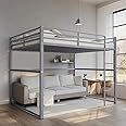 TRUNBACK Loft Bed Frame Twin/Full Size - 250lbs Heavy Duty Metal Bunk Bed, Space Saving Design with Safety Guardrail & Ladder, Ideal for Small Rooms/Dorms (Kids & Adults) (Grey, Full)