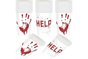 QXBXYHM 50 Pcs Halloween Blood Printed Paper Cup, 10oz Disposable Bloody Handprint Party Cups, Scary Printed Drinking Cups fo