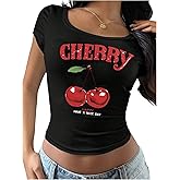 SweatyRocks Women's Cheery Print Short Sleeve T Shirts Casual Scoop Neck Fitted Streetwear Going Out Tees