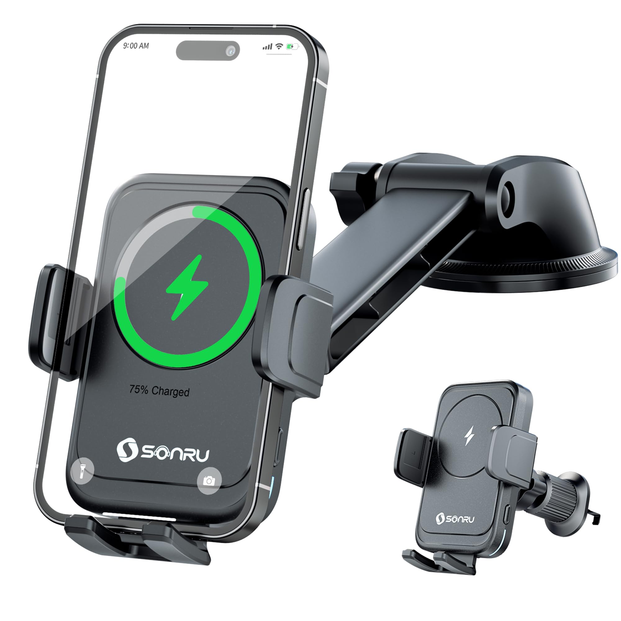 SONRU Handyhalterung Auto mit Ladefunktion,15W Kfz Handyladestationen Handy Halterung Auto Induktives Laden,Handyhalterung Auto Lüftung Saugnapf für Samsung iPhone LG Google Pixel