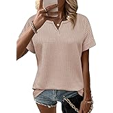 Bosmeer Waffle Knit Tops for Women V Neck Short Sleeve Casual Shirts Loose Summer Tunic Tops Blouses