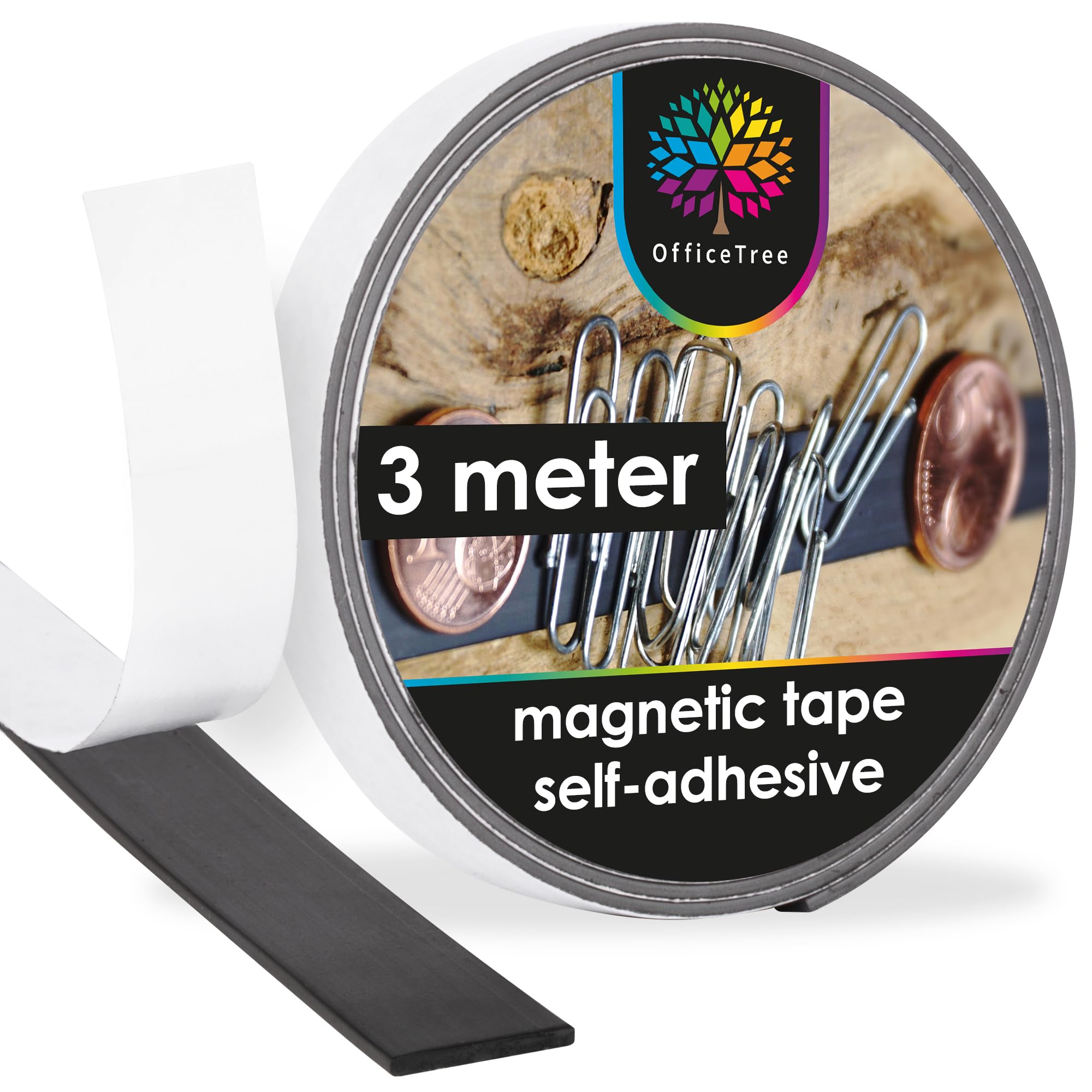OfficeTree Magnet Strips Self Adhesive - 3 Metres - Magnetic Tape for securing Posters, Photos or Fly Screen - Strong Magnetic Strip - Cuttable Magnetic Strips Self Adhesive - Magnet Strip