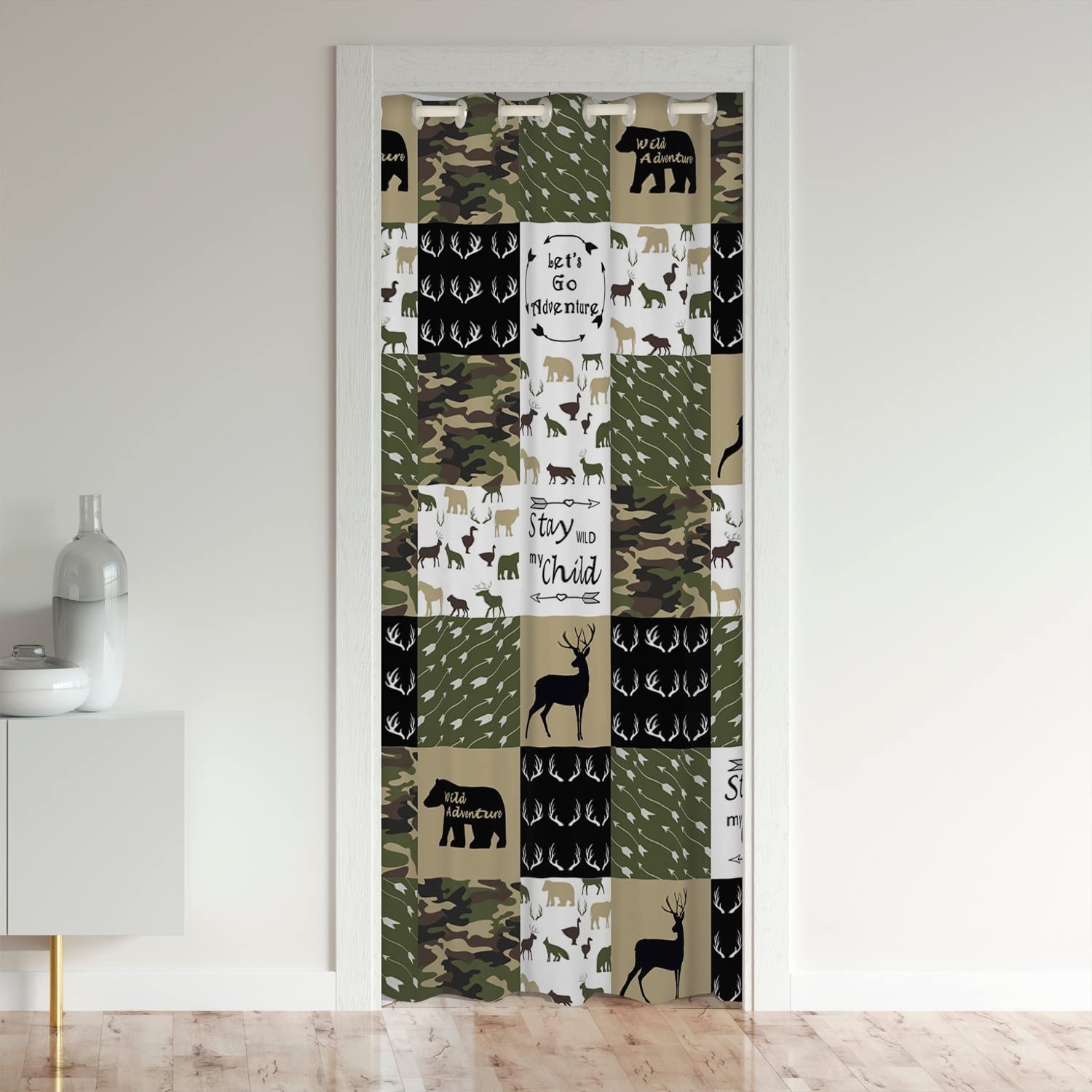 Loussiesd Deer Decorative Door Curtain for Doorway Privacy Bear Camouflage Window Treatments Set for Bedroom Deer Hunting Arrow Green Grid Plaid 30%-50% Room Darkening Blackout Curtain 106x203cm