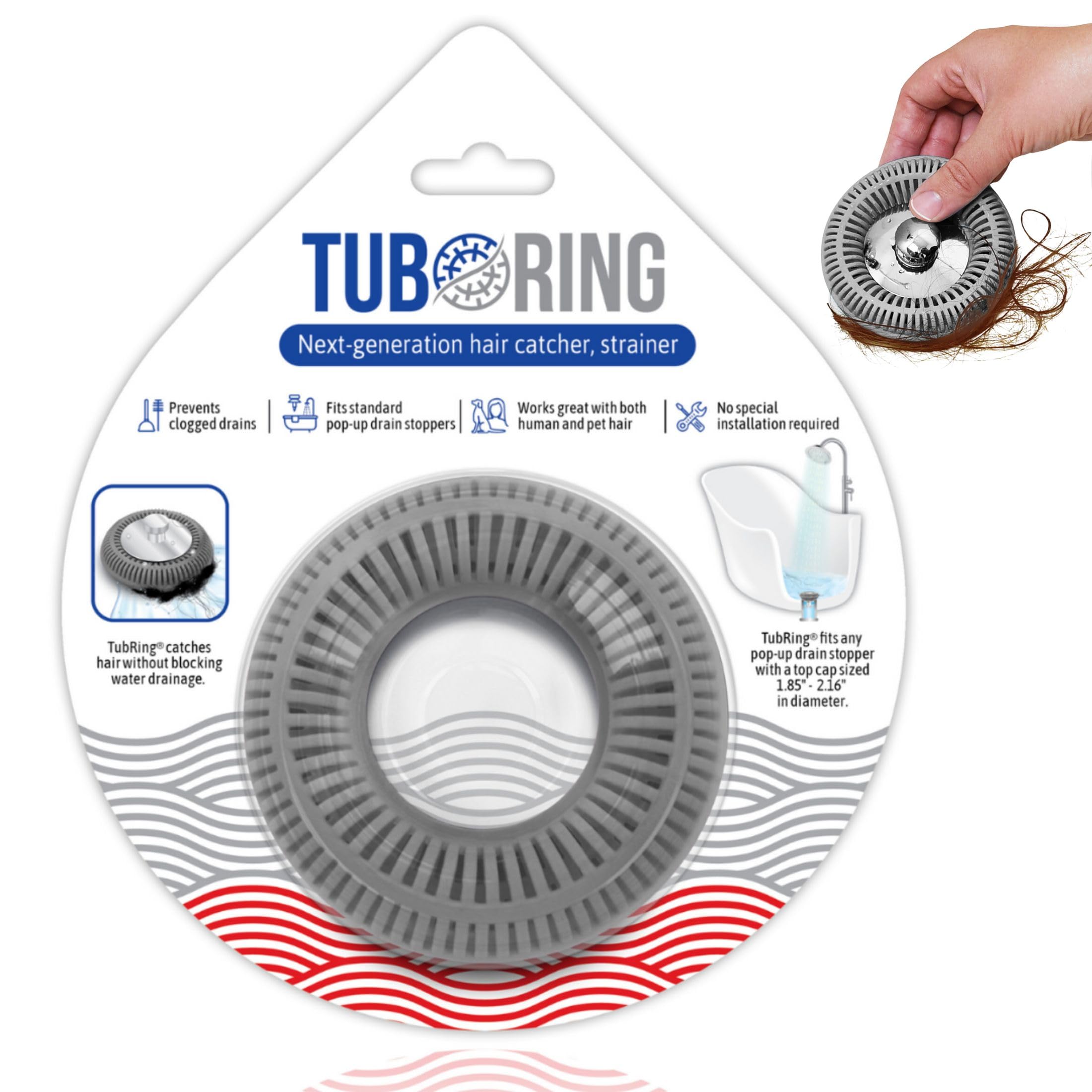 TUBRING The Ultimate Tub Drain Protector Hair Catcher/Strainer/Snare - Gray