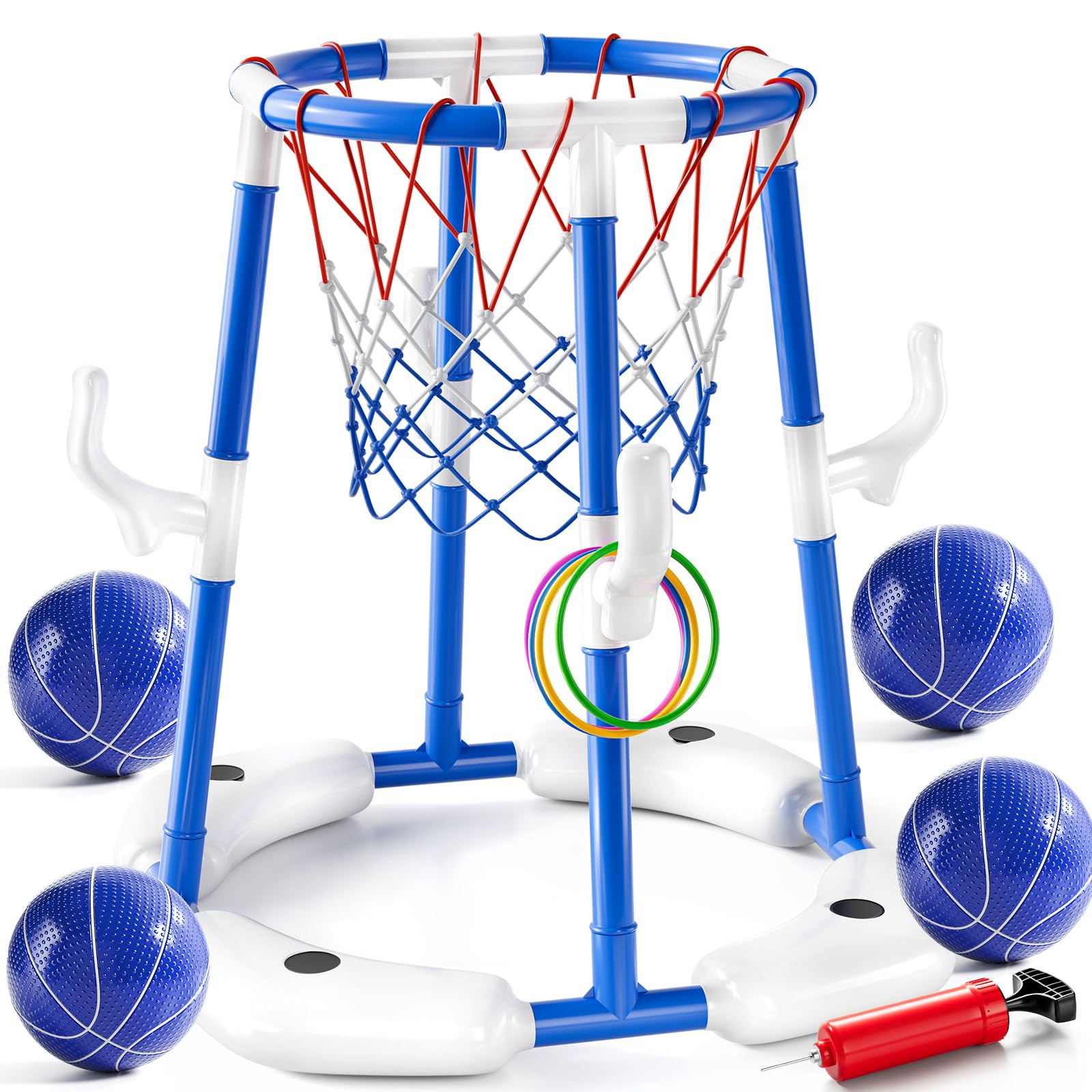 JUKUDAHU Pool Basketball Hoop for Kids, 2-in-1 Floating Pool Toys Ring Toss Game with 4 Balls, Pump, Outdoor Swimming Pool Basketball Game Water Toy Family Party for Boys Girls Adults Age 3-12