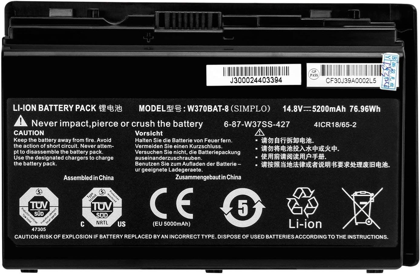 W370BAT-8 6-87-W370S-427 Laptop Battery Replacement for Clevo W350ET W350ETQ W355STQ Schenker XMG A503 A522 A722 Sager NP6350 6370 7358 Gigabyte P2742 Hasee K650S-i7 K660E K710C-i7 (14.8V 76.96Wh)