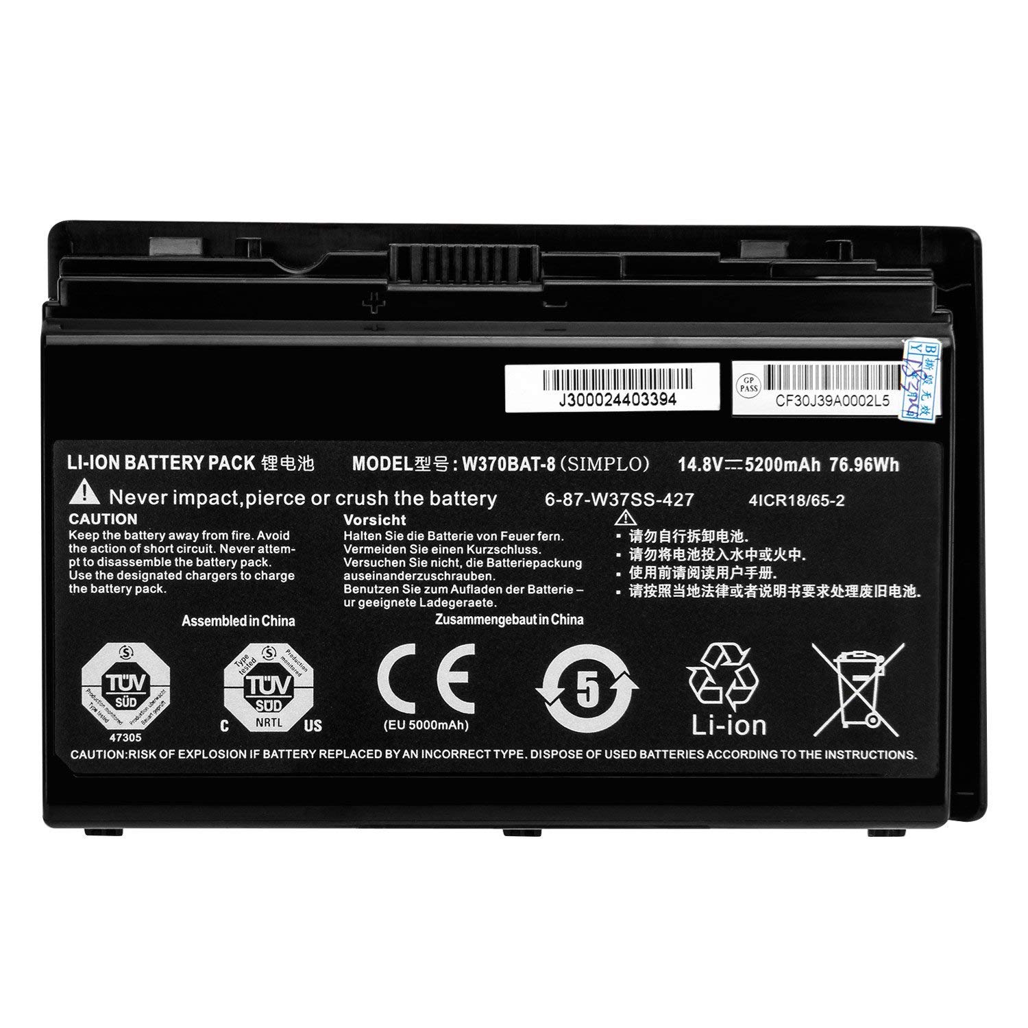 W370BAT-8 6-87-W370S-427 Laptop Battery Replacement for Clevo W350ET W350ETQ W355STQ Schenker XMG A503 A522 A722 Sager NP6350 6370 7358 Gigabyte P2742 Hasee K650S-i7 K660E K710C-i7 (14.8V 76.96Wh)