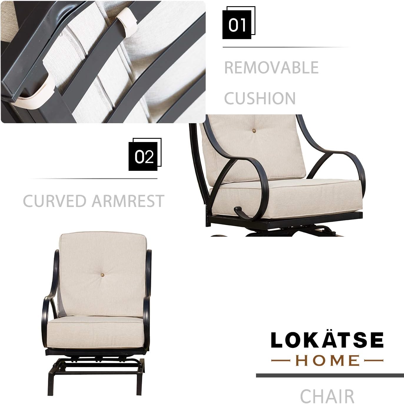 LOKATSE HOME Outdoor Bistro Wrought Iron Furniture Patio Metal Conversation Seating Chair with Thick & Soft Cushions Curved Armrest, Armchair, Beige : Garden & Outdoor