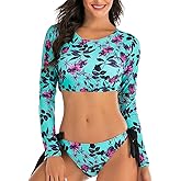 JadeRich Women's Fashion Pattern Long Sleeve Tankini Sets UPF 50+ Rash Guard Swimsuit Sun Block Swimwear