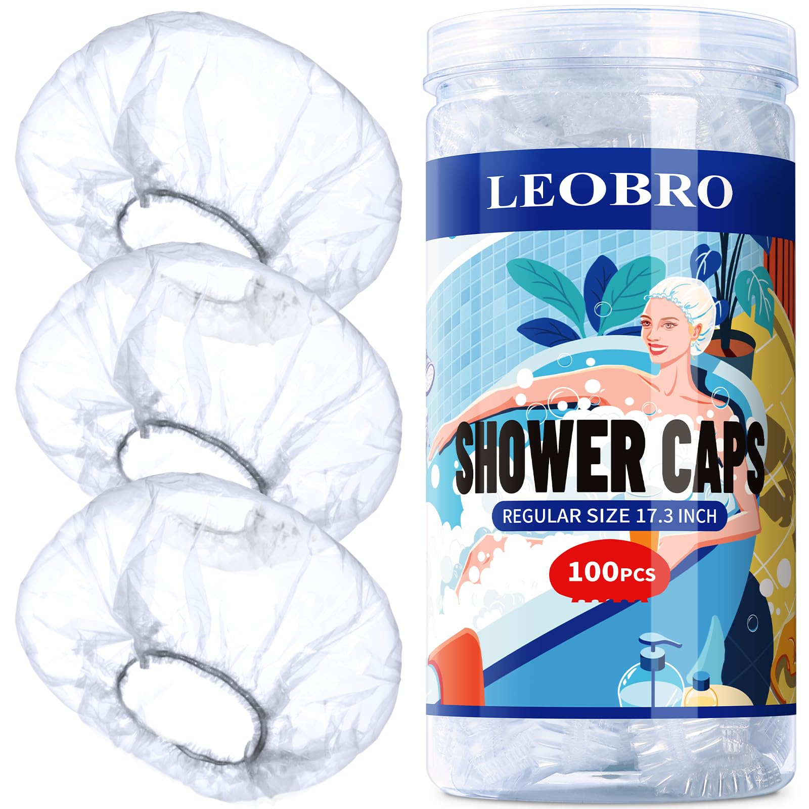 LEOBRO Disposable Shower Caps, 100PCS Shower Caps, Shower Cap for Women Waterproof, Disposable Clear Plastic Shower Cap for Women, Thick Plastic Caps for Hair Treatment, Regular Size 17.3 INCH