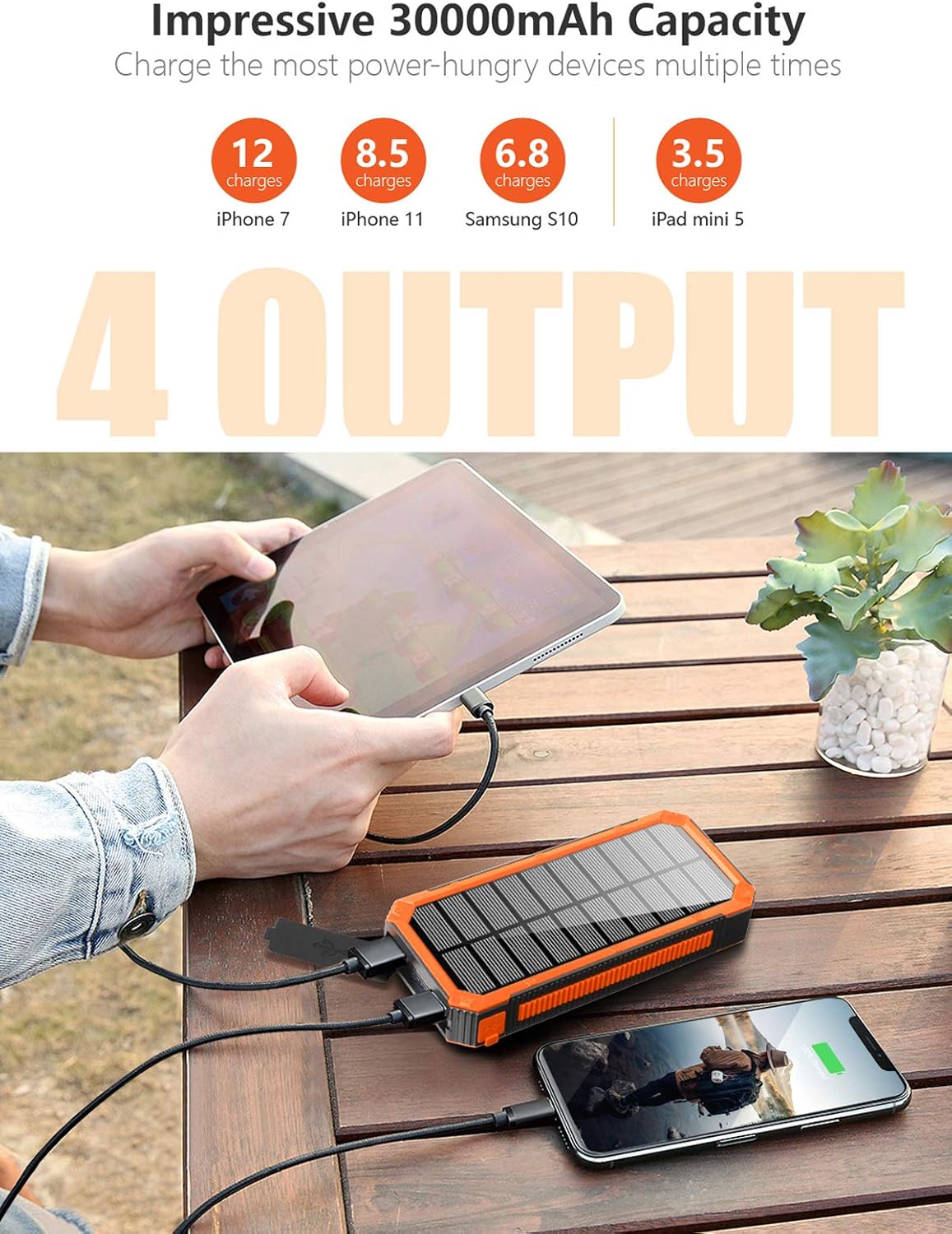 Solar Charger 30000mAh, Solar Power Bank, PD 18W Quick Charge with 4 Outputs & Dual Inputs, External Backup Battery Huge Capacity Phone Charger for iOS and Android(Orange)