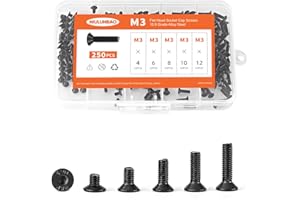 M3 x 4mm 6mm 8mm 10mm 12mm Flat Head Socket Cap Screws Countersunk Bolts, 10.9 Grade Alloy Steel, Black Oxide Finish, Metric 