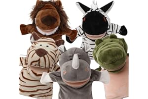 BETTERLINE 5-Piece Set Animal Hand Puppets with Open Movable Mouth/Zoo, Safari, Farm, Jungle/Tiger, Rhino, Lion, Crocodile and Zebra