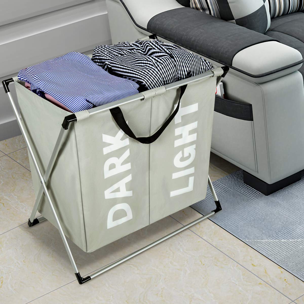 WISHPOOL 2 Section Laundry Hamper Bag with X-Frame Dirty Clothes Hamper Double Laundry Basket for Bathroom Bedroom Home（Beige）