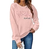 SFHFY Nurse Shirts for Women Heartbeat Print Tops Casual Long Sleeve Heartbeat Love Pullover for Nurse Life Shirt