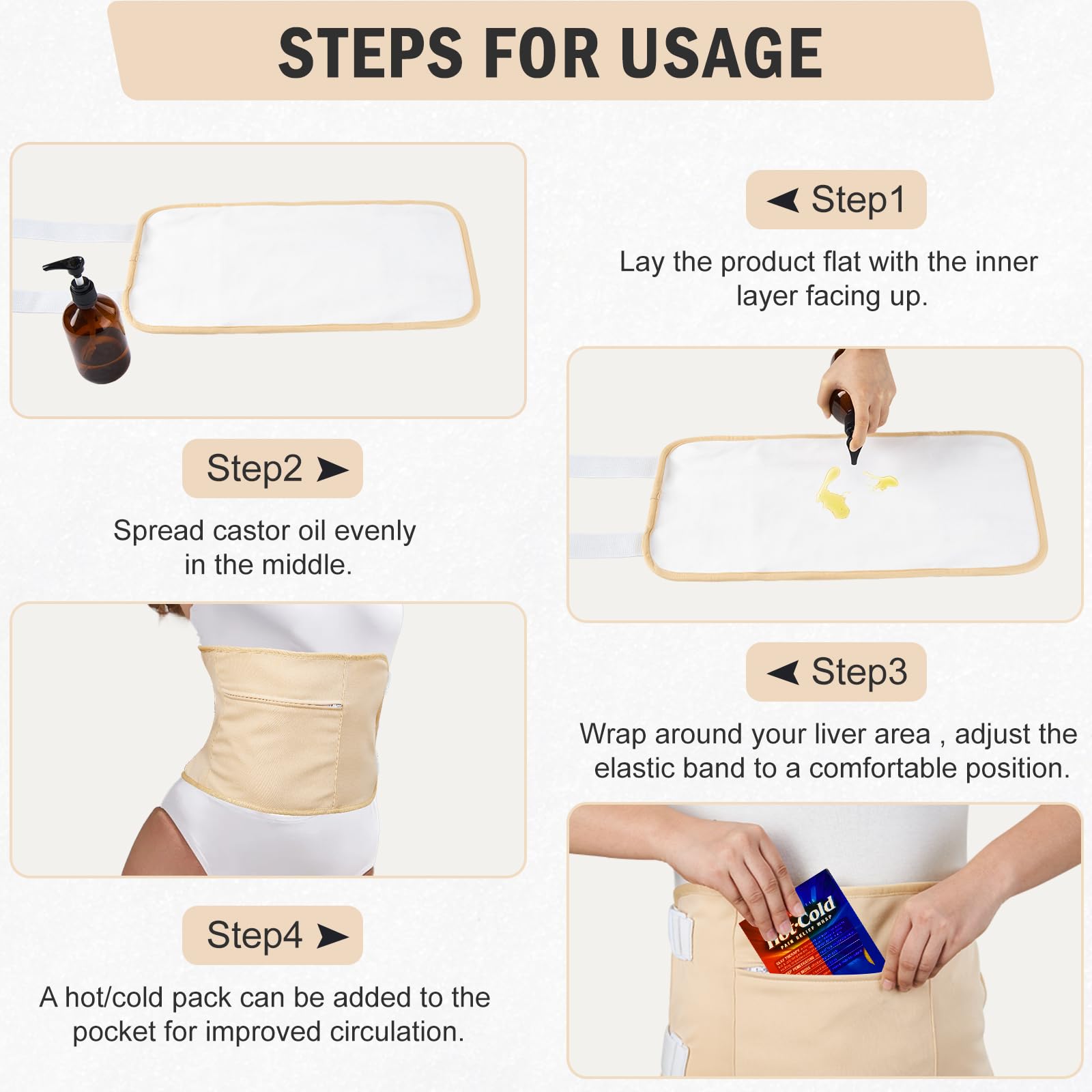8PCS Castor Oil Packs Wrap Organic cotton- Castor Oil Packs for Abdomen-Breast-Neck-knee-Feet-Arm, Reusable Adjustable Elastic Strap Compress Packs for Entire Body