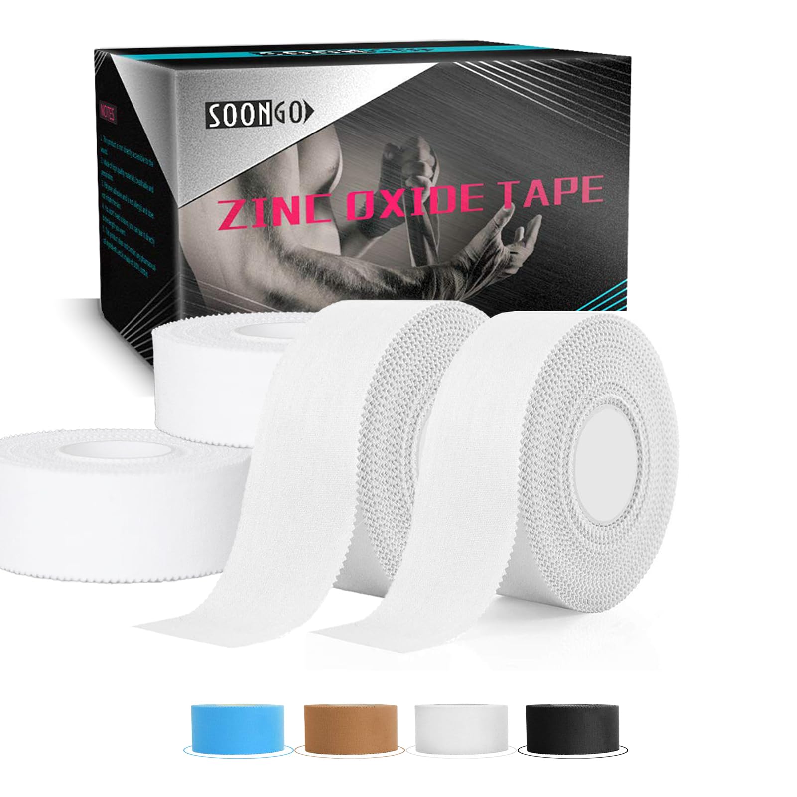 SOONGO Zinc Oxide Tape 2.5cm x 10m White 4 Rolls Sports Strapping Athletic Tape Inelastic Provide Maximum Support Fixed Joint Good Viscosity Hypoallergenic