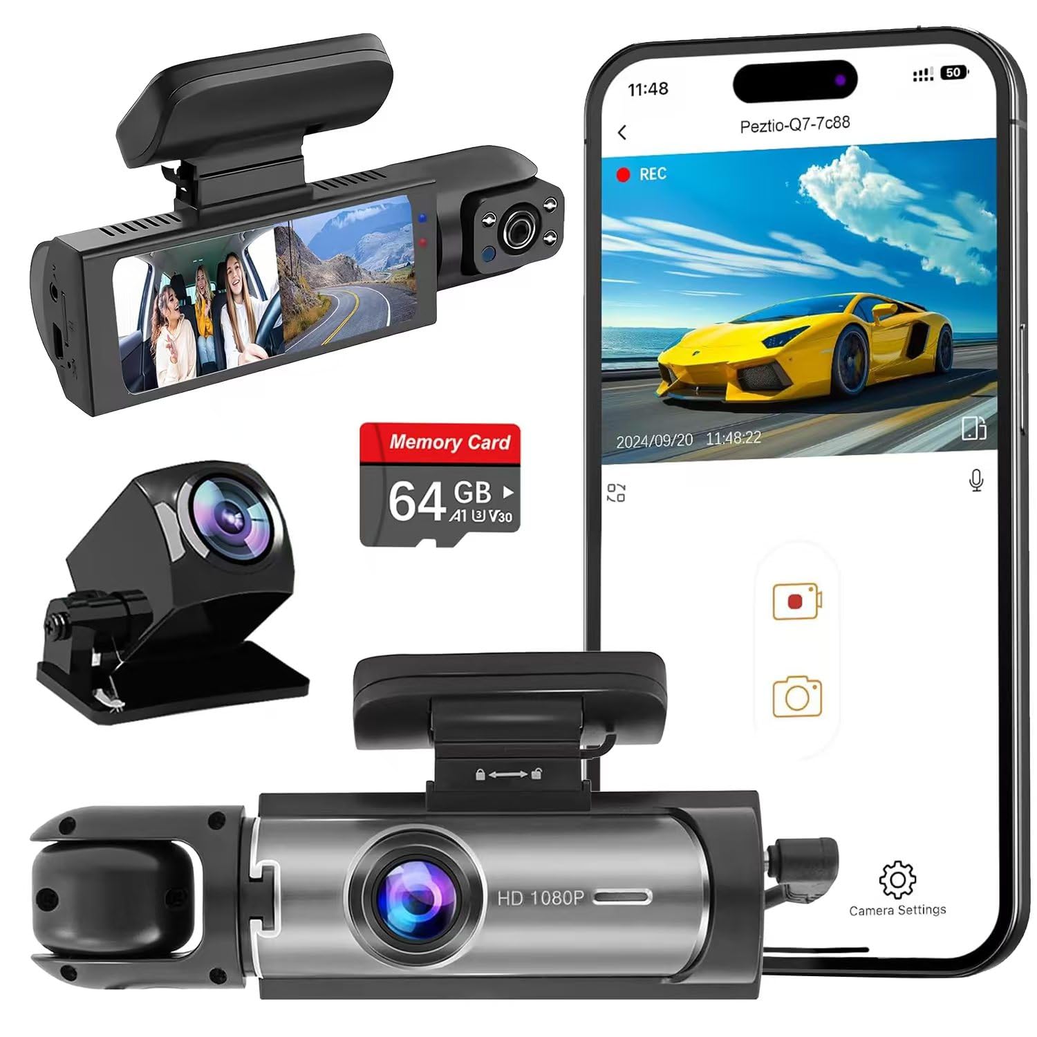 Photo 1 of Dash Cam Front and Rear Inside,Dashcam for Cars with APP Control,Car Camera Driving Recorder with 64G Card IR Night Vision,Loop Recording,3.16 Inch IPS Screen,Parking Mode(Front&Inside&Rear+64G)