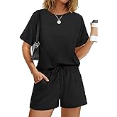 WIHOLL Women's 2 Piece Lounge Sets Short Sleeve T-Shirt and Drawstring Shorts Casual Pajamas Vacation Outfits with Pockets