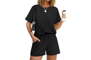 WIHOLL Women's 2 Piece Lounge Sets Short Sleeve T-Shirt and Drawstring Shorts Casual Pajamas Vacation Outfits with Pockets