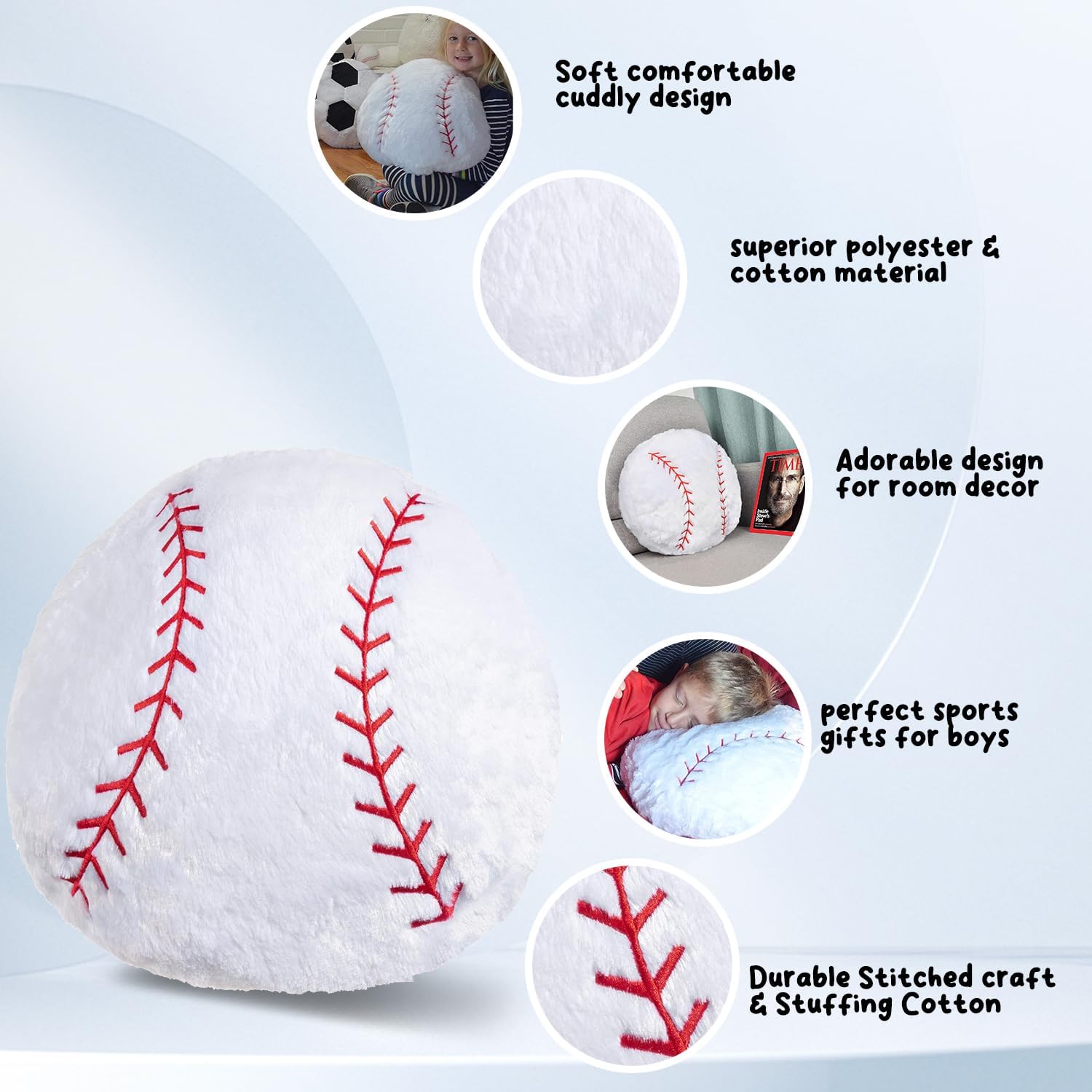 Baseball Pillow Plush Boys: Soft Stuffed Throw Toys Gifts Stuff Softball Sports Room Decor 8-12 Year Old