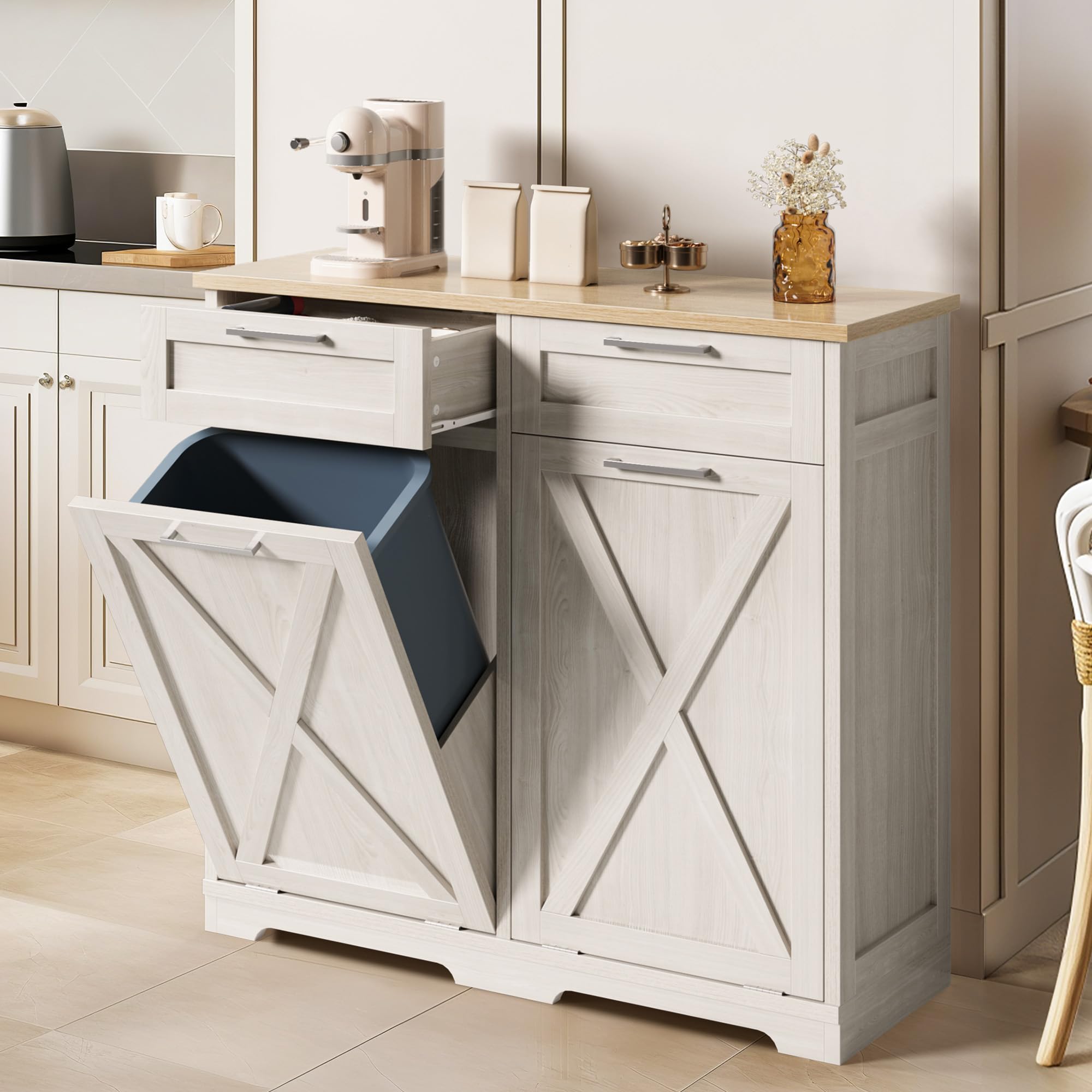 Photo 1 of DWVO Double Tilt Out Trash Can Cabinet 20 Gallon with 2 Drawers, Kitchen Hidden Garbage Can Cabinets, Laundry Hamper Cabinet, Off White